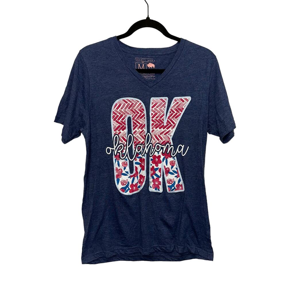 Calamity Jane's Apparel Blue OK V Neck Graphic Tee Shirt‎